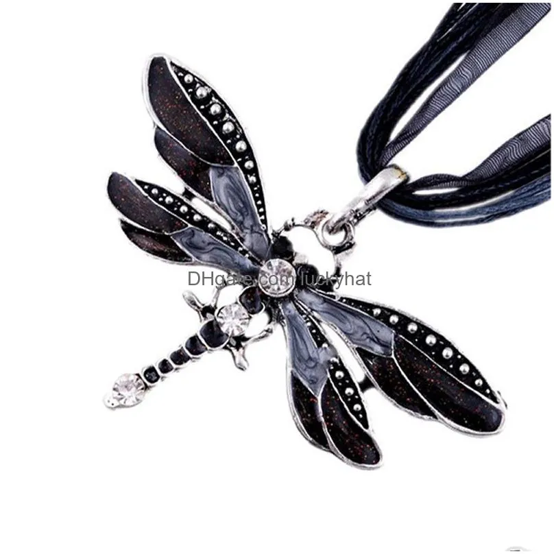 Vintage Enamel Dragonfly Pendant Necklace for Women Choker Necklaces With Rhinestone Wax Rope Chain Collar Fashion Jewelry