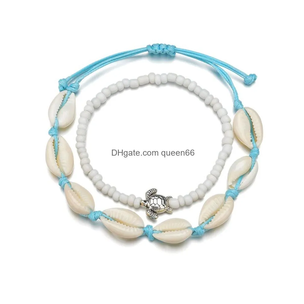 Vsco Puka Shell Anklets 2 pieces set for Vsco Girl Woven Natural Shells Hawaiian Style Casual Hand Ornament Beach Seashell Anklets