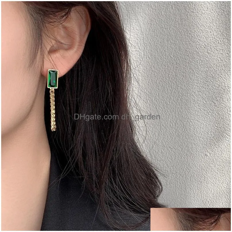 Dangle & Chandelier Classic Geometric Rec Green Crystal Stainless Steel Chain Tassel Earrings Girls Unusual Accessories For Dhgarden Otfpj