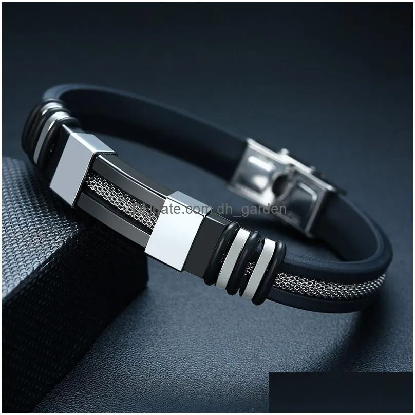 Chain Stainless Steel Bracelet Men Wrist Band Black Sile Mesh Link Insert Punk Casual Bangle Drop Delivery Jewelry Bracelets Dhgarden Otn58