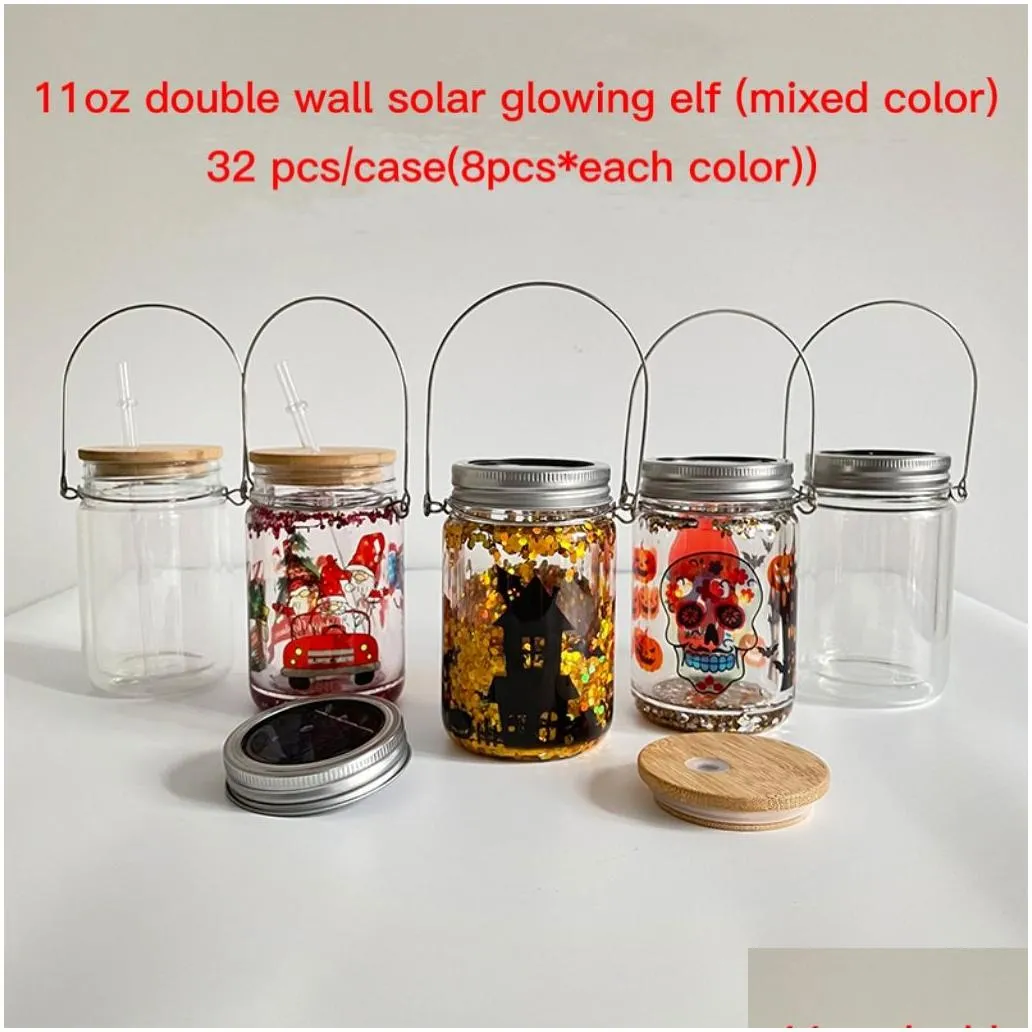 USA warehouse Blank sublimation Waterproof double walled Borosilicate glass 11oz Solar Lights mason jar glowing elf glass can wind spinner with two