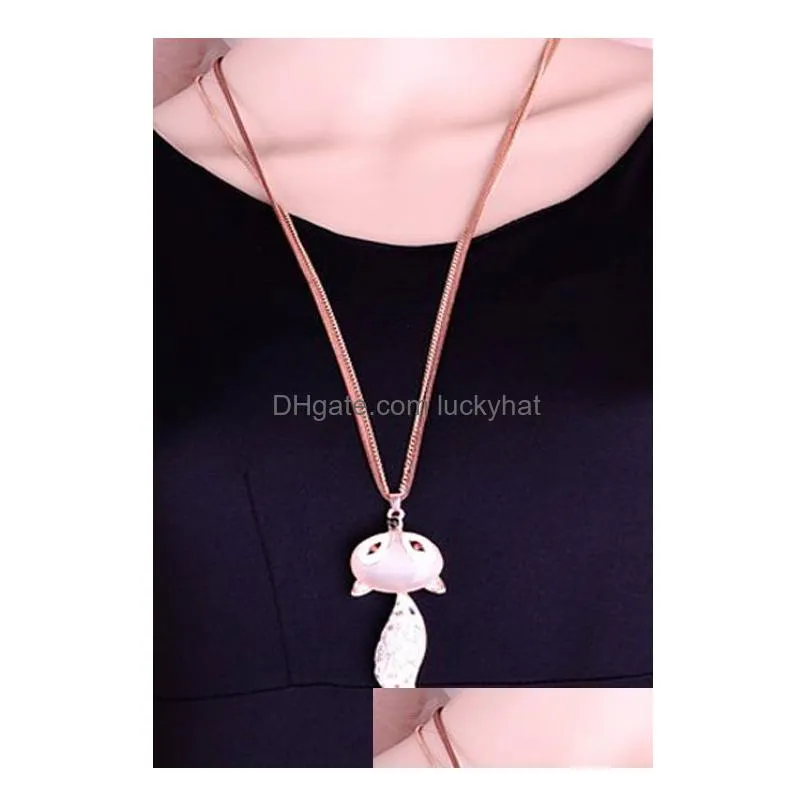 Opal Enamel Rhinestone Animal Pendant Necklaces For Women Lady Fashion Sweater Chain Leather rope Long Necklace Jewelry