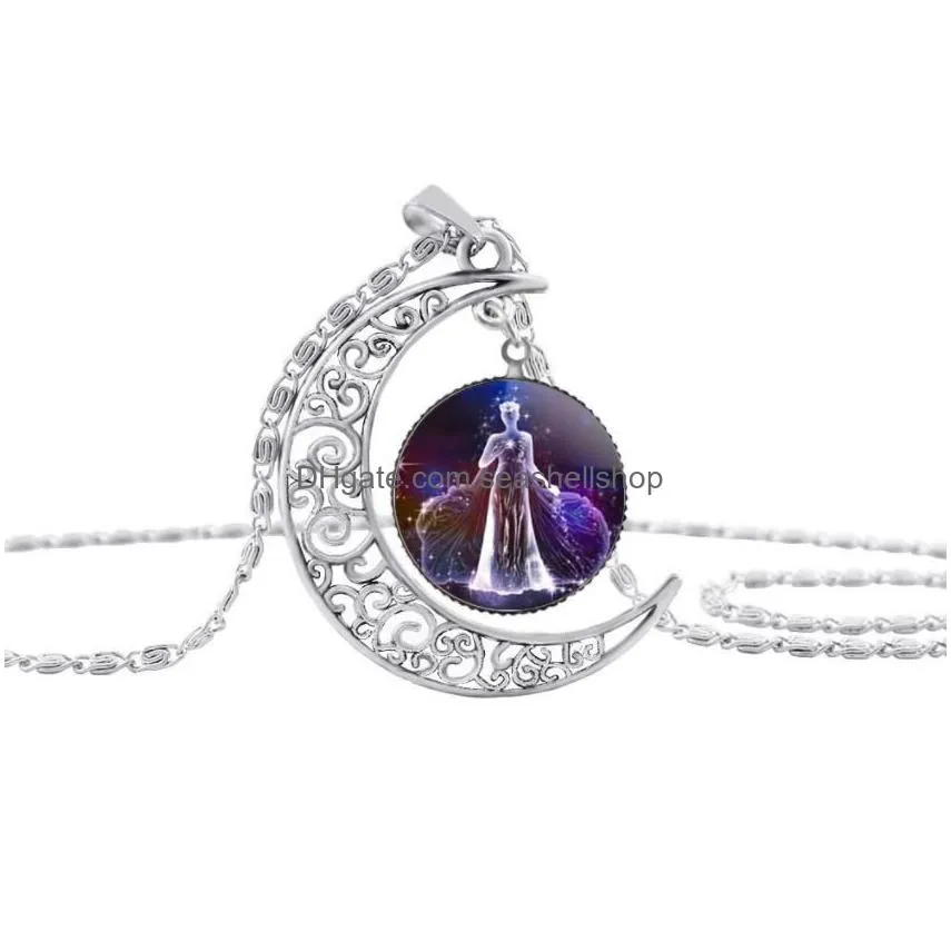 fashion 12 zodiac sign glass cabochon pendant necklace constellation horoscope astrology statement star gemstone necklace gift 