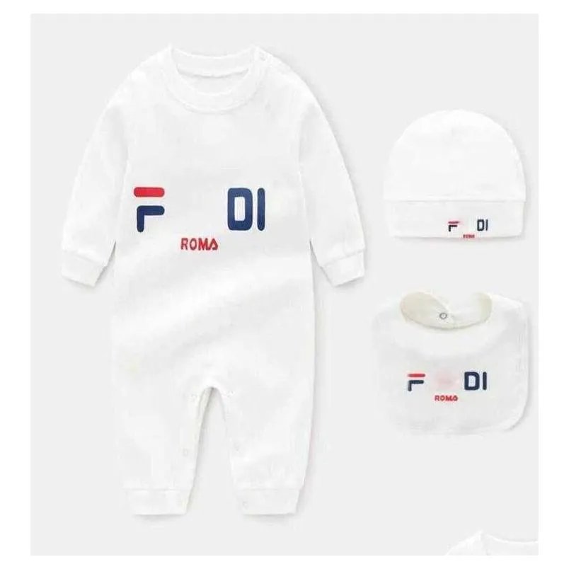 3 PCS Set Hat Bib Jumpsuit Kids Designer Rompers Girls Boys Brand Letter Newborn Baby Clothes Toddler