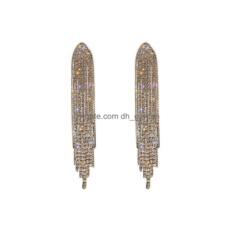 Dangle & Chandelier New Luxury Rhinestone Crystal Long Tassel Earrings For Women Bridal Drop Dangling Earring Party Wedding Dhgarden Ot7Jd