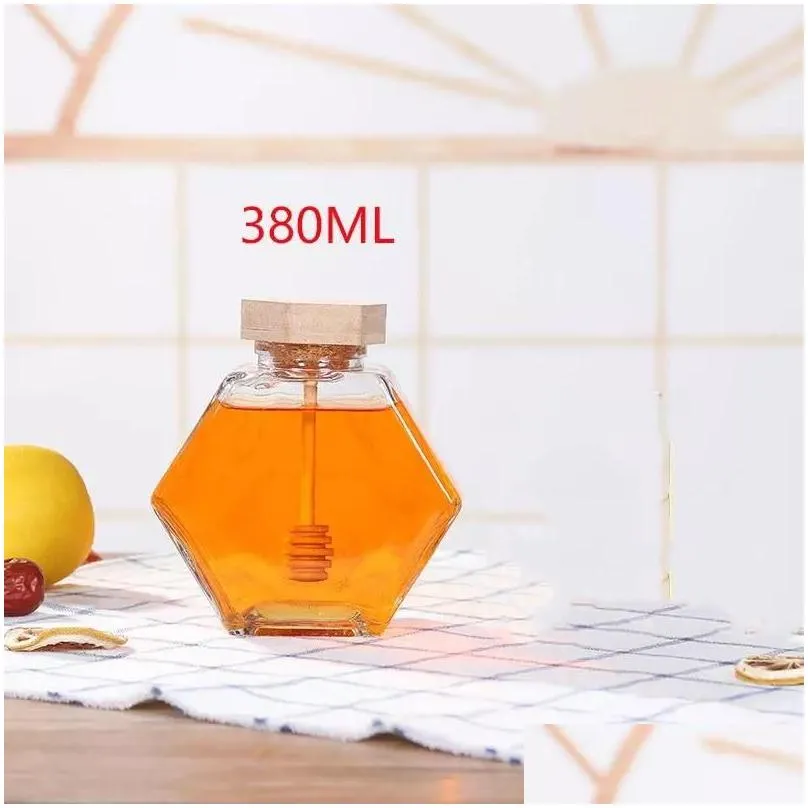 220ml/380ml transparent glass hexagon honey jar mini small sealed storage bottle with wooden stick spoon kitchen tools bottles jars