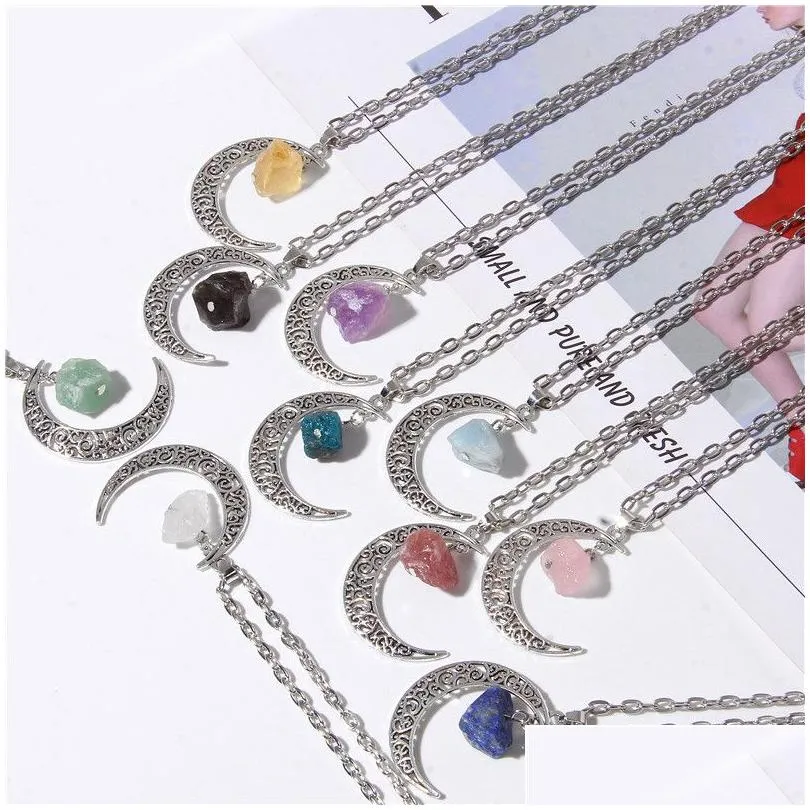Natural Crystal Reiki Raw Stone Retro Moon Pendant Necklace Geometric Faith Healing Quartz Chain Necklaces Jewelry Party Gifts For