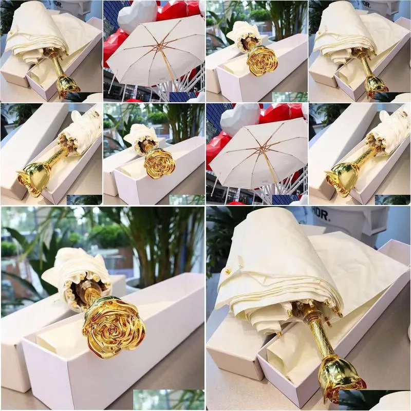 Umbrellas Fashion Designer Umbrellas Luxury Gold Rose Handle White Umbrella With Box Drop Delivery Home Garden Housekeeping Organizati Dhgzn
