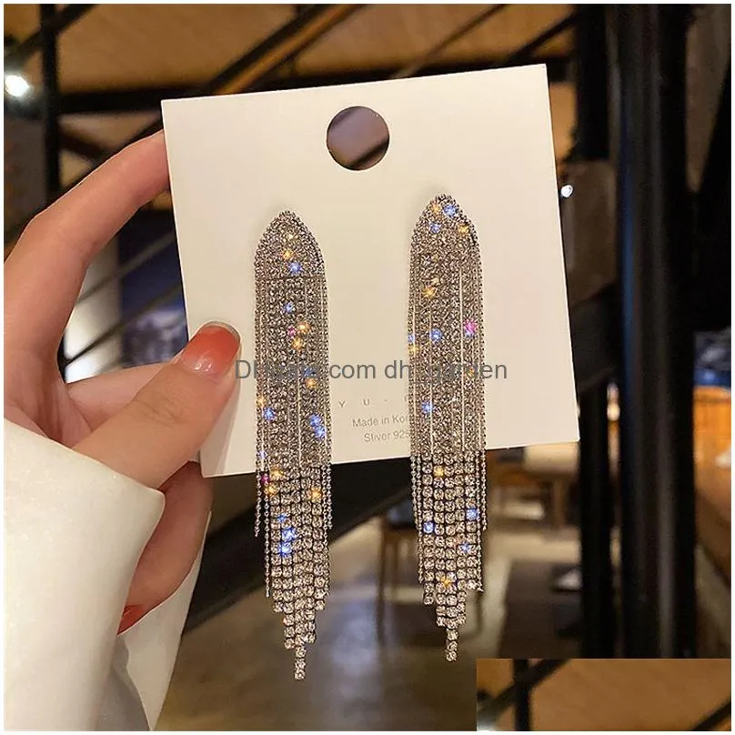 Dangle & Chandelier New Luxury Rhinestone Crystal Long Tassel Earrings For Women Bridal Drop Dangling Earring Party Wedding Dhgarden Ot7Jd