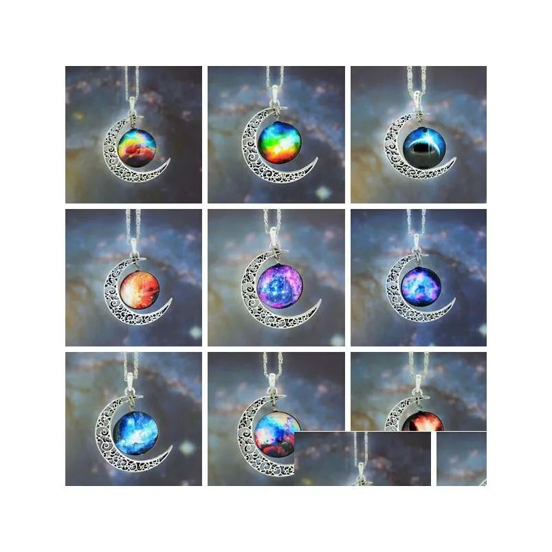 brand fashion jewelry choker necklace glass universe galaxy lovely pendant 925 silver chain moon sliver pendant necklace 12 style