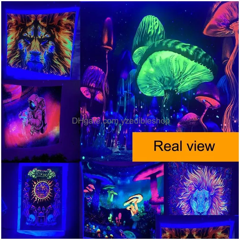 tapestries psychedelic uv reactive escent tapestry mushroom home decor wall hanging witchcraft skull flowers bright under blue light