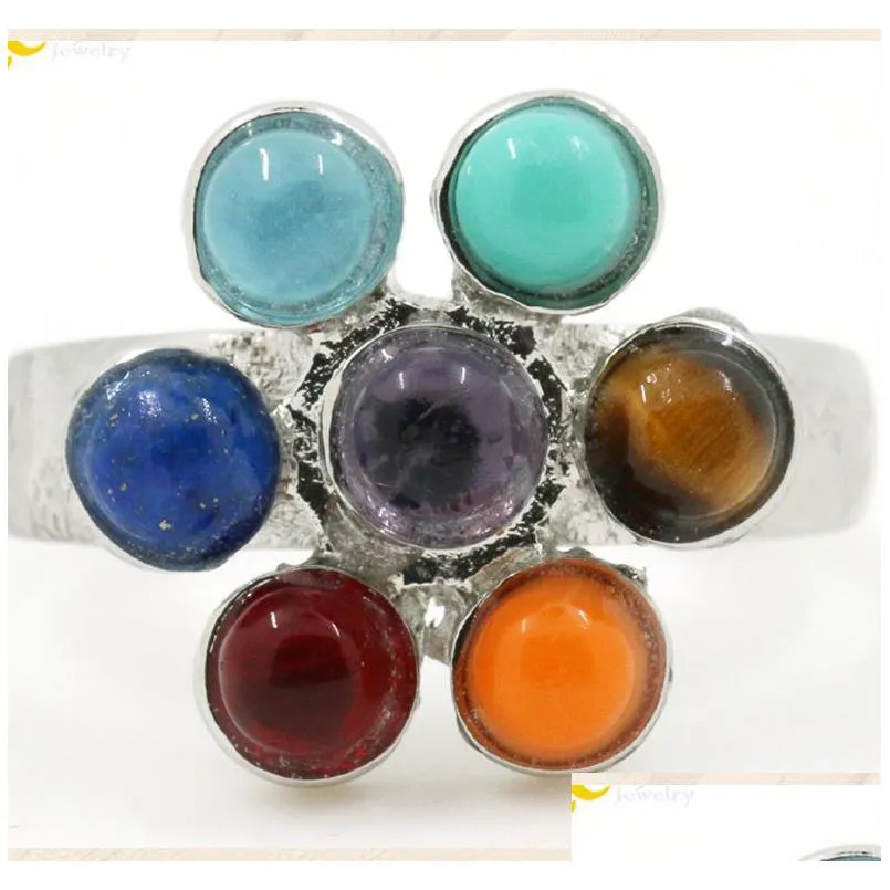 7 chakras beads ring for women vintage silver plated yoga tiger eyes stone adjustable open rings boho ethnic jewelry gift
