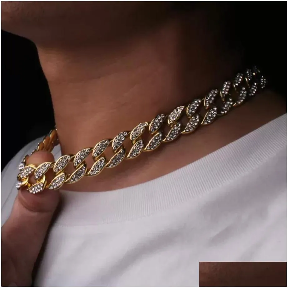 iced out cuban necklace tennis chain hip hop jewelry choker gold silver color rhinestone cz clasp for mens rapper necklaces link 18inch 20inch