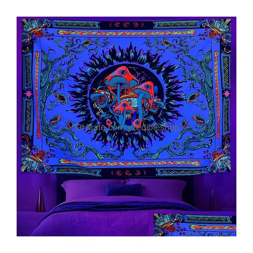 tapestries 1pc mushroom mandala rattan escent tapestry uv black light decorative pattern wall hanging for living room bedroom 230926