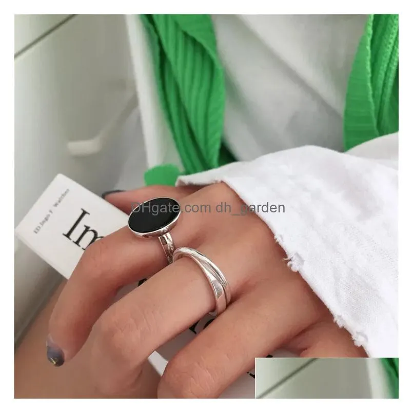 Simple Fashion Black Drop Glaze Oval Shaped Sier Color Open Ring For Women Party Jewelry Gifts S-R696 Drop Delivery Dhgarden Otw49