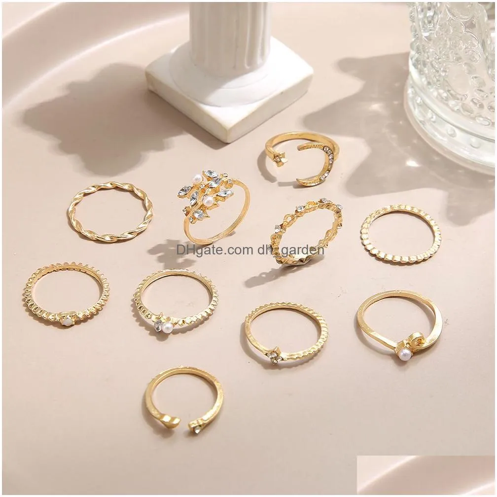 Boho Vintage Gold Color Moon Knuckle Rings Set For Women Crystal Star Geometric Female Finger Jewelry Drop Delivery Dhgarden Otk0C