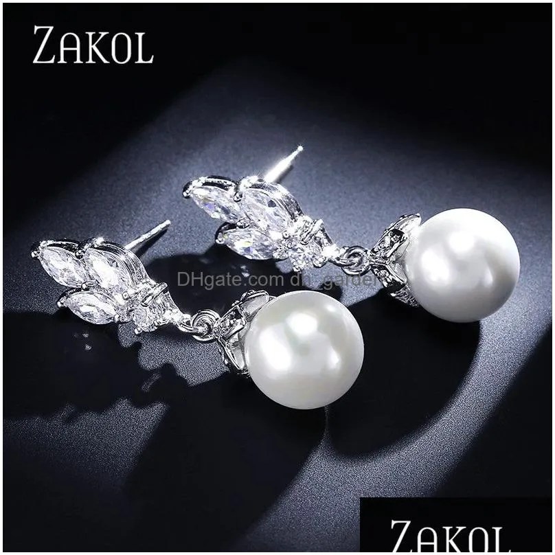 Delicate Cubic Zircon Leaf Dangle Earrings For Women Fashion Round Imitation Pearl Bridal Wedding Jewelry Gift Drop Delivery Dhgarden Ot8Eh