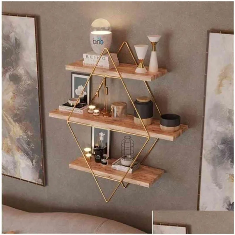 Storage Holders & Racks Prism Solid Wall 3 Shelf Kitchen Bathroom Bookcase Large Size Premium Natural Wood Gold And Black Color Metal Dhagx