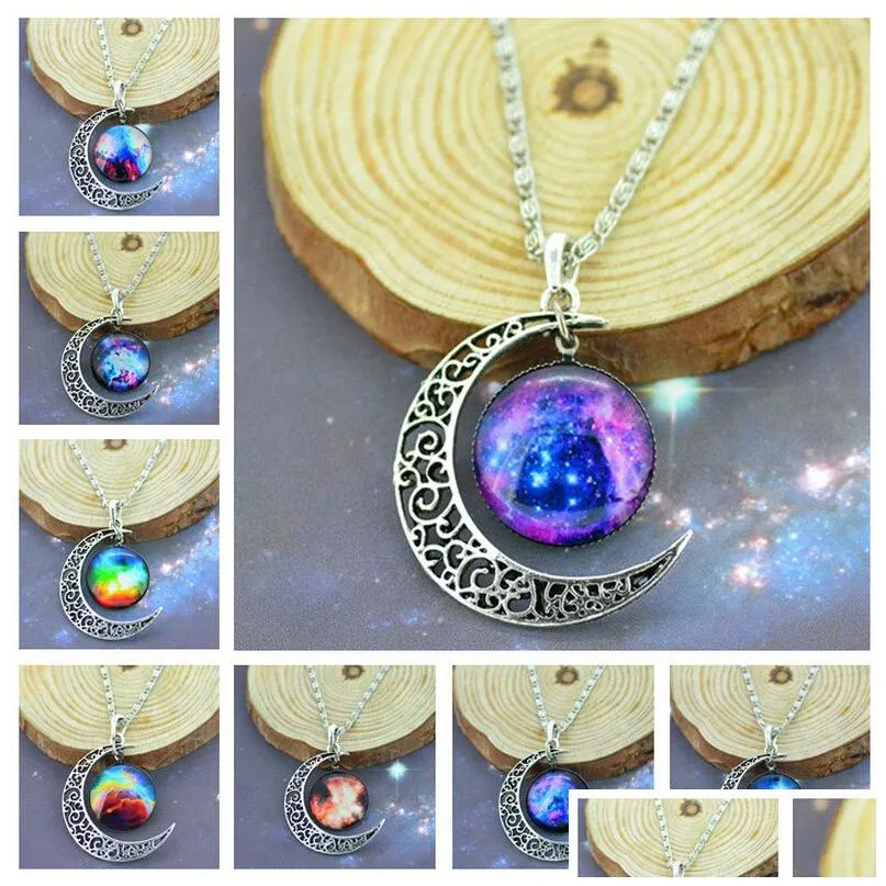 brand fashion jewelry choker necklace glass universe galaxy lovely pendant 925 silver chain moon sliver pendant necklace 12 style