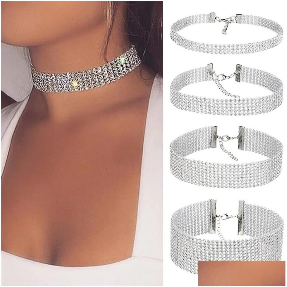 multilayer crystal rhinestone choker necklace women wedding accessories silver color chain punk gothic chokers jewelry collier femme
