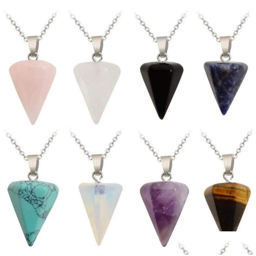 fashion natural stone cone pendant necklace pink stone pendant conical section pendulum hexagon crystal pendant necklace female