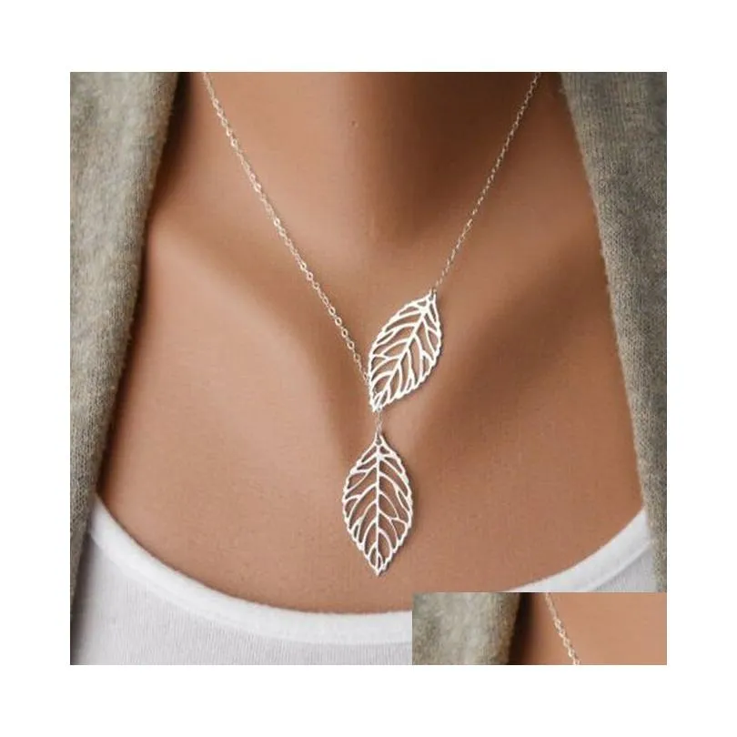 simple european new fashion vintage punk gold hollow two leaf leaves pendant necklace clavicle chain charm jewelry women free shipping