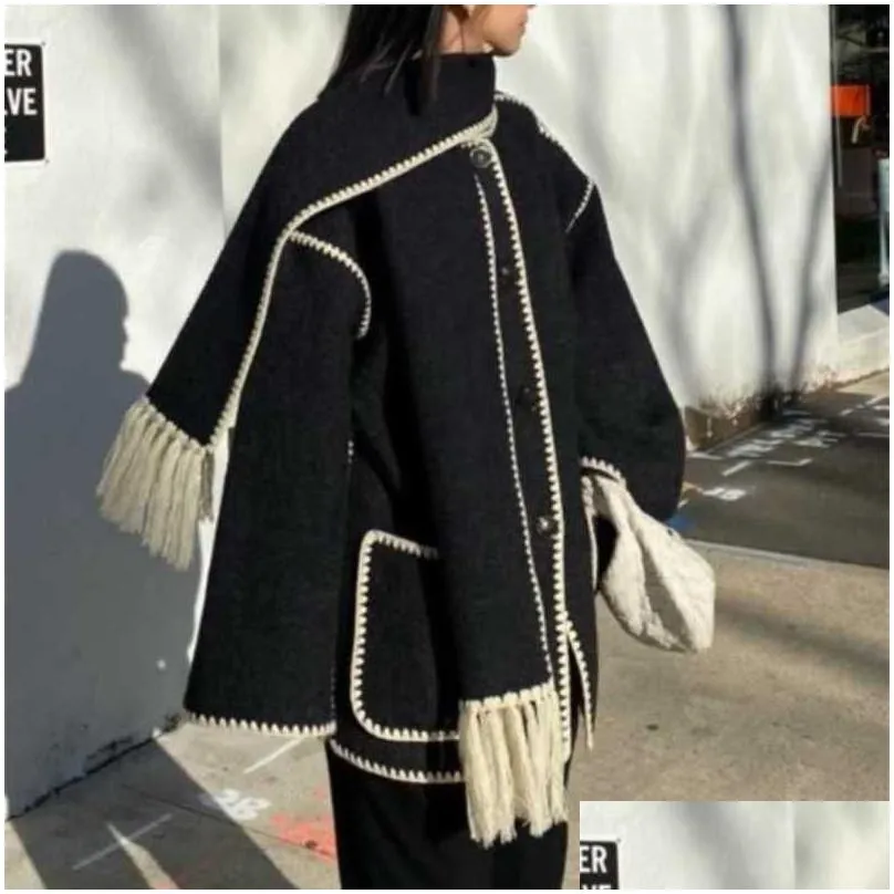 Women`S Wool & Blends Womens Wool Blends Women Splice Cashmere Coat With Scarf Chic Long Sleeve Solid Quilted Thick Jacket Loose 2023 Ot7Zl