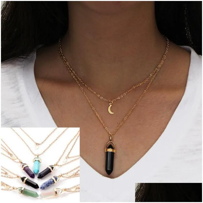 fashion jewelry natural stone moon choker necklace fashion gold color crystal hexagonal column pendant necklace for women gift 7