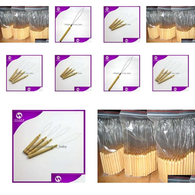  100 pcs loop pulling needle micro hair extensions tools for wooden handle threader