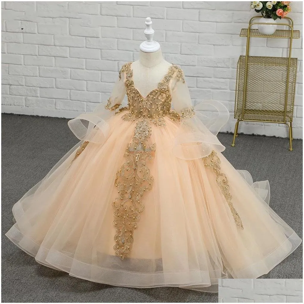 Flower Girls` Dresses Champagne Pearls Flower Girl Dresses For Wedding Luxury Gold Embroidery Ball Gown Appliqued Pageant Birthday Gow Otnfg