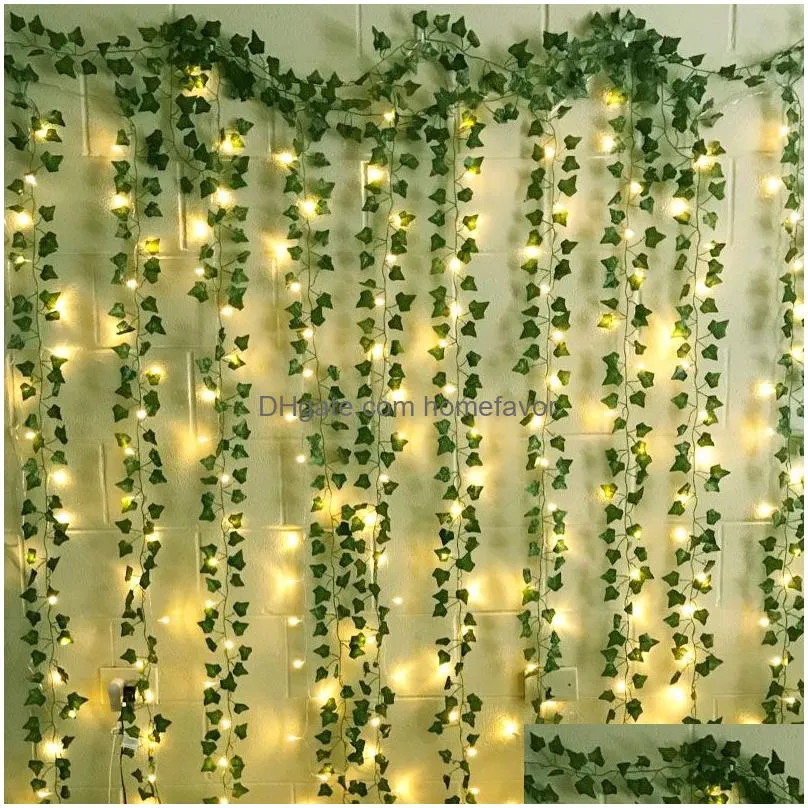 2m/ 20 led artificial greenery plants luminous cane green leaf ivy vine fairy light string garland for home wedding diy decoration