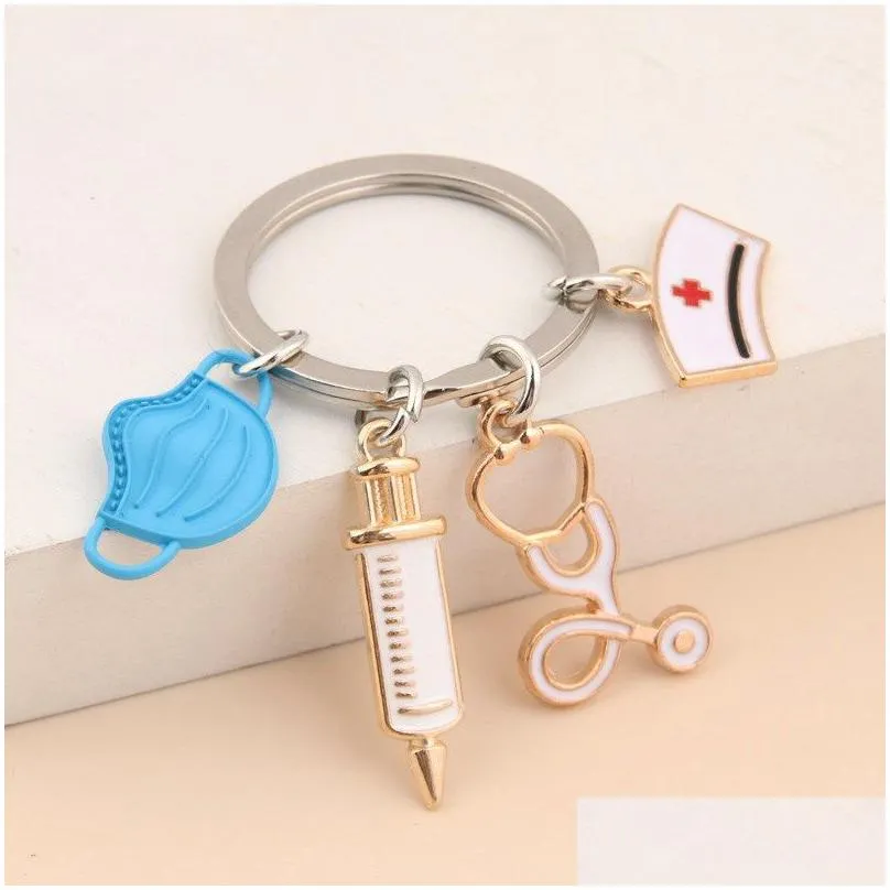 new doctor keychain medical tool key ring injection syringe stethoscope nurse cap keychains medico gift diy jewelry handmade