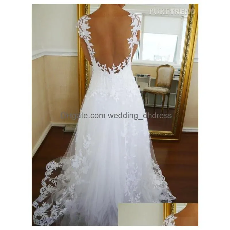 ready to ship cap sleeve sweep train tulle wedding dress see though back applique lace bridal dresses sexy vestido de noiva