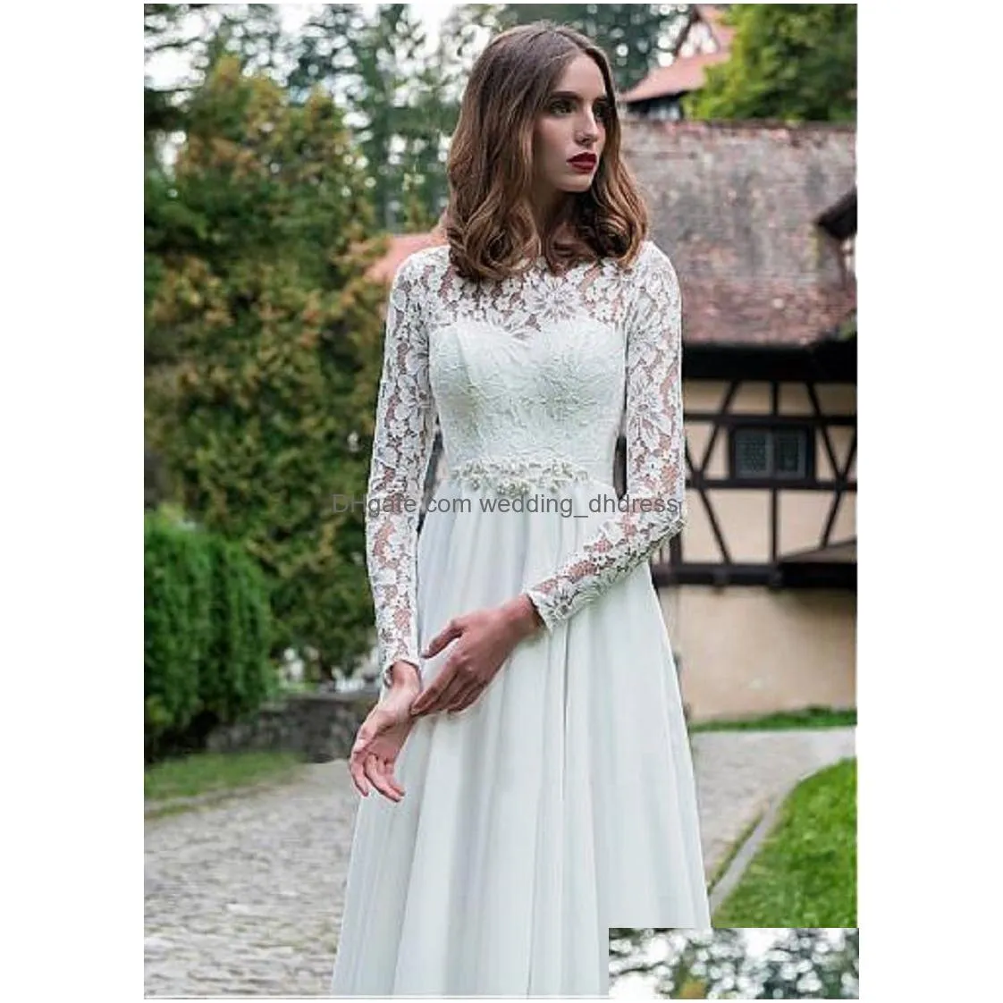 scoop lace long sleeves chiffon a-line wedding dresses custom made bridal gowns formal spring vestidos de marriage plus size