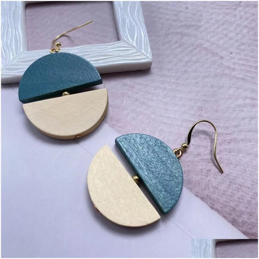 korean personality semi-circular wood stitching contrasting color dangle earrings for women temperament round earring female jewelry