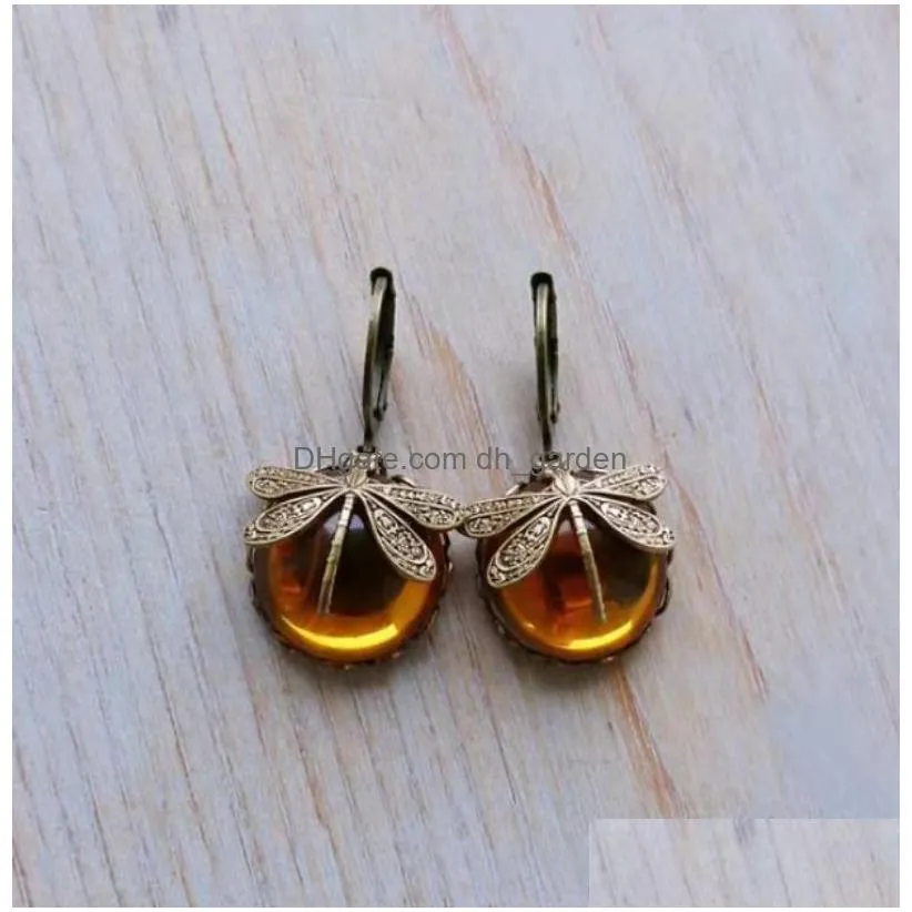 Vintage Dragonfly Earrings Fashion Gold Color Metal Carving Pattern Inlaid Moonstone Drop For Women Jewelry Drop Delivery Dhgarden Otdxd