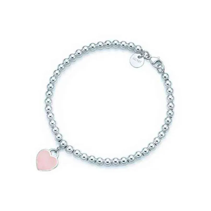 Charm Bracelets Classic S925 Sier Female Bracelets Enamel Blue Red Pink Heart Pendant Bead Bracelet Christmas Gift Designer Jewelry Y2 Dhk8K
