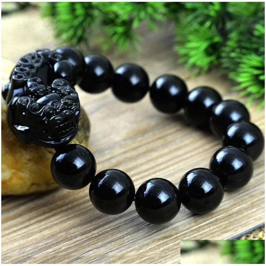 obsidian pixiu beads bracelet chinese feng shui bring wealth good luck guardian unisex stone wristband men women jewelry gift 8mm 10mm 12mm