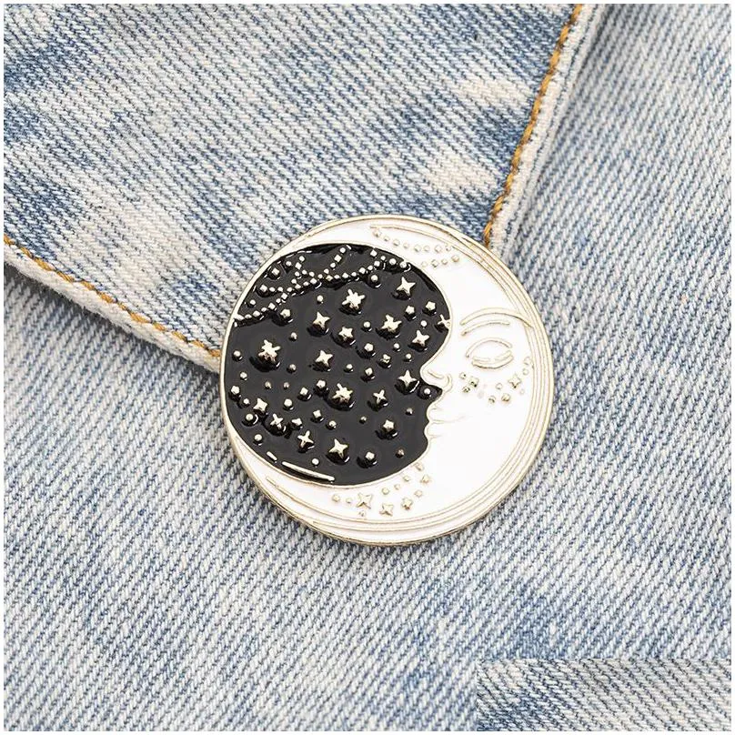 cartoon waves brooch vintage sun and moon round enamel pins adventure explore camping badges for women shirts lapel pin jewelry