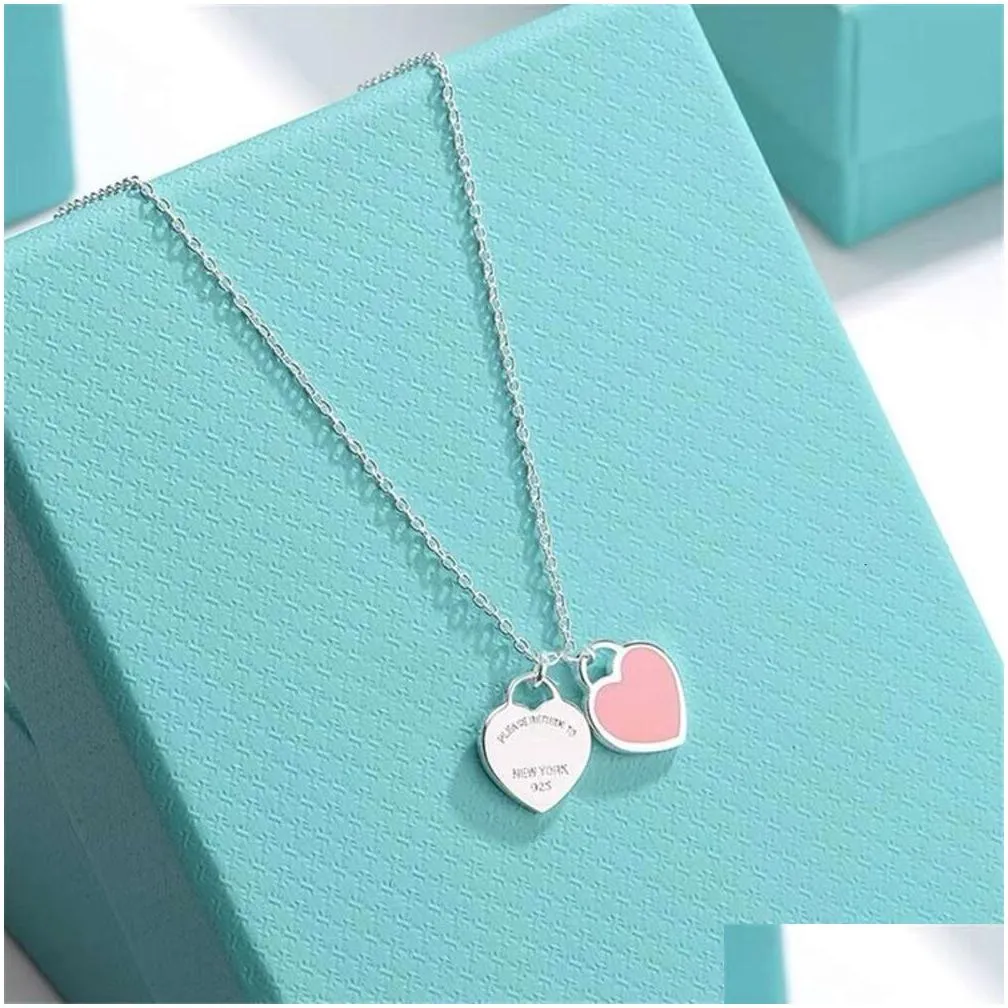 Pendant Necklaces Ly High Edition Enamel Double Heart Necklace 925 Sterling Sier Love Blue Pink Red Shaped Collar Chain Light Luxury P Otpyl