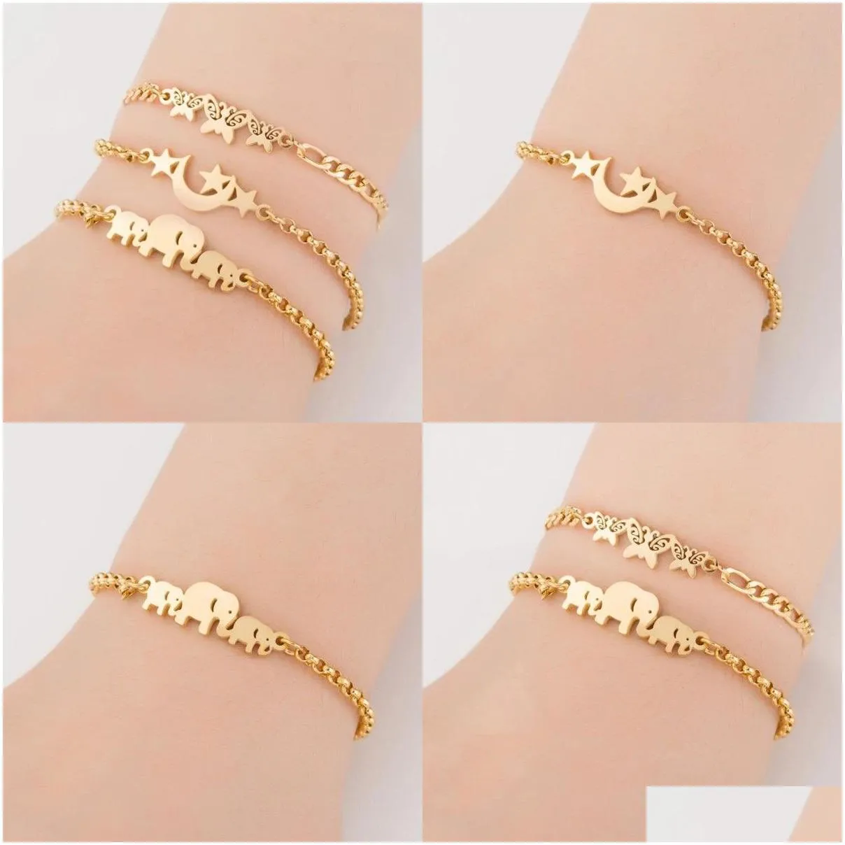 bohemia stainless steel butterfly charm bracelet for women fashion girls gold color elephant star moon wrist jewelry party wedding