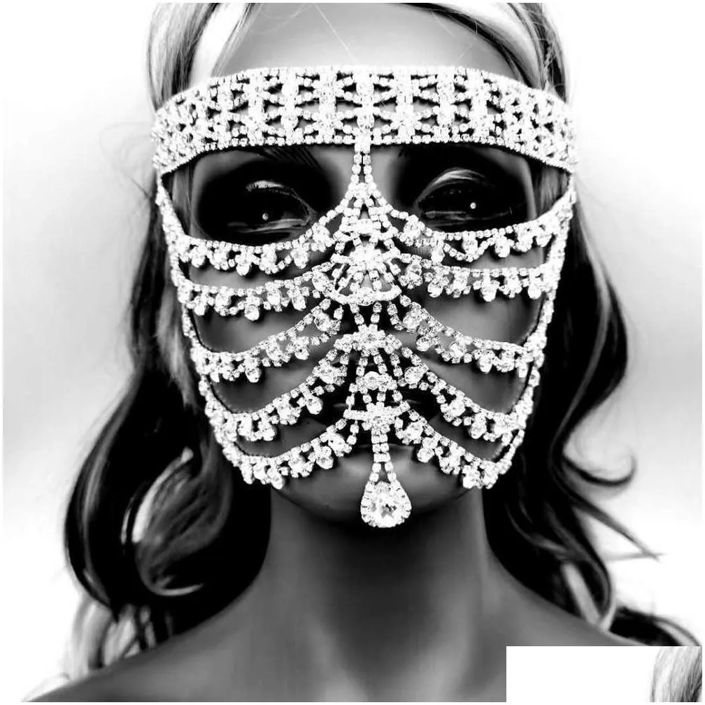 Party Masks 2021 Luxury Fl Rhinestone Tassel Mask Masquerade Face Jewelry For Women Y Crystal Chain Cosplay Accessories Drop Delivery Dhkon