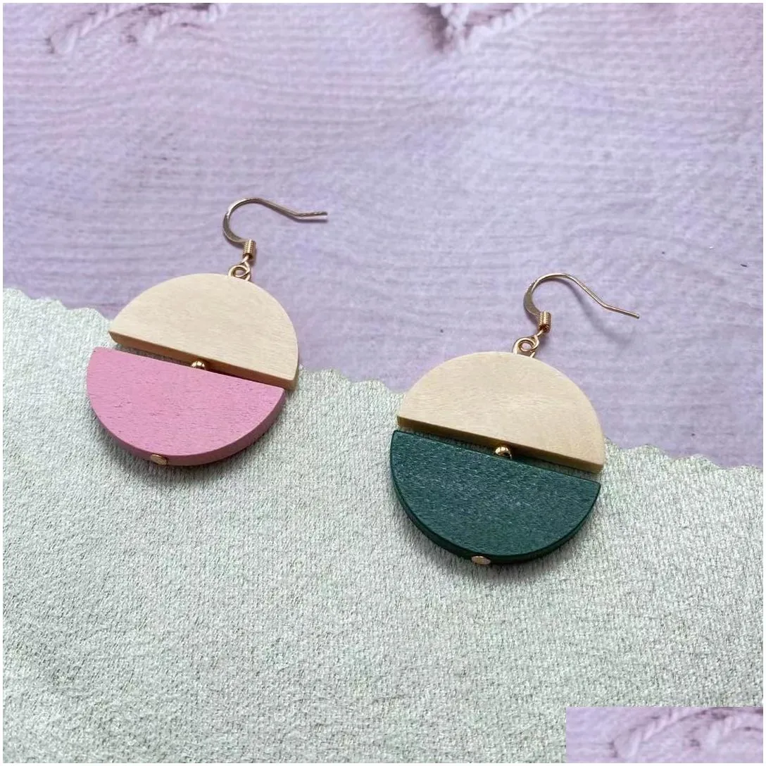 korean personality semi-circular wood stitching contrasting color dangle earrings for women temperament round earring female jewelry