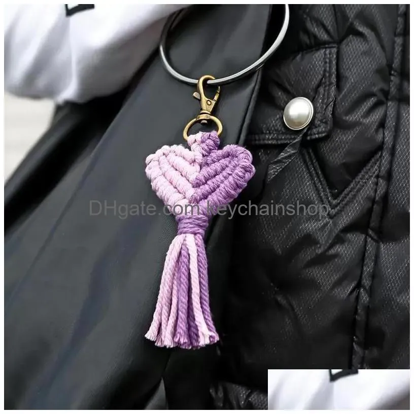 New Vintage Hand Woven Keychain Creative Heart Shaped Tassel Keychains Bag Decoration Pendant Key Chain Valentine Day Gift Keyring Dro Dh8Pa