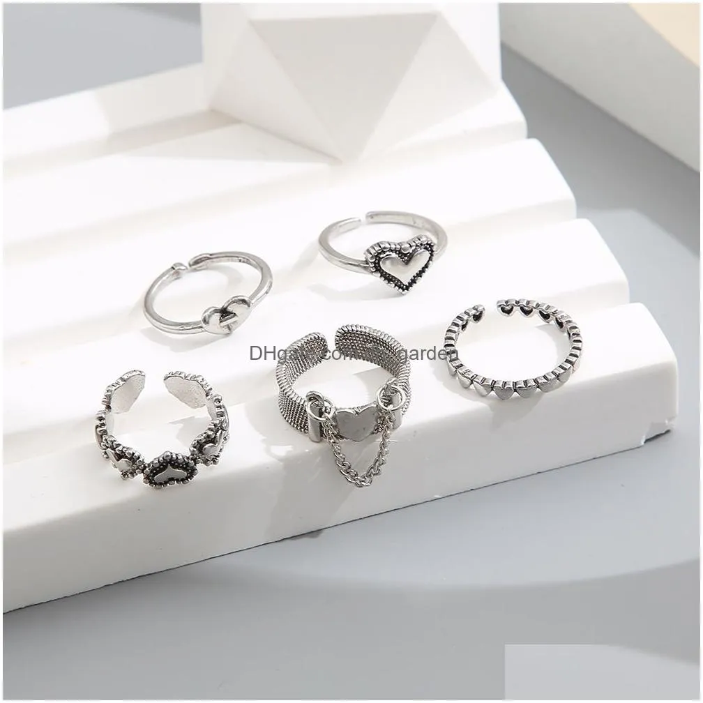 Punk Love Heart Ring Set 5Pcs Personality Temperament Zircon Sier Color Geometric Rings For Women Fashion Goth Jewelry Drop D Dhgarden Otkuw
