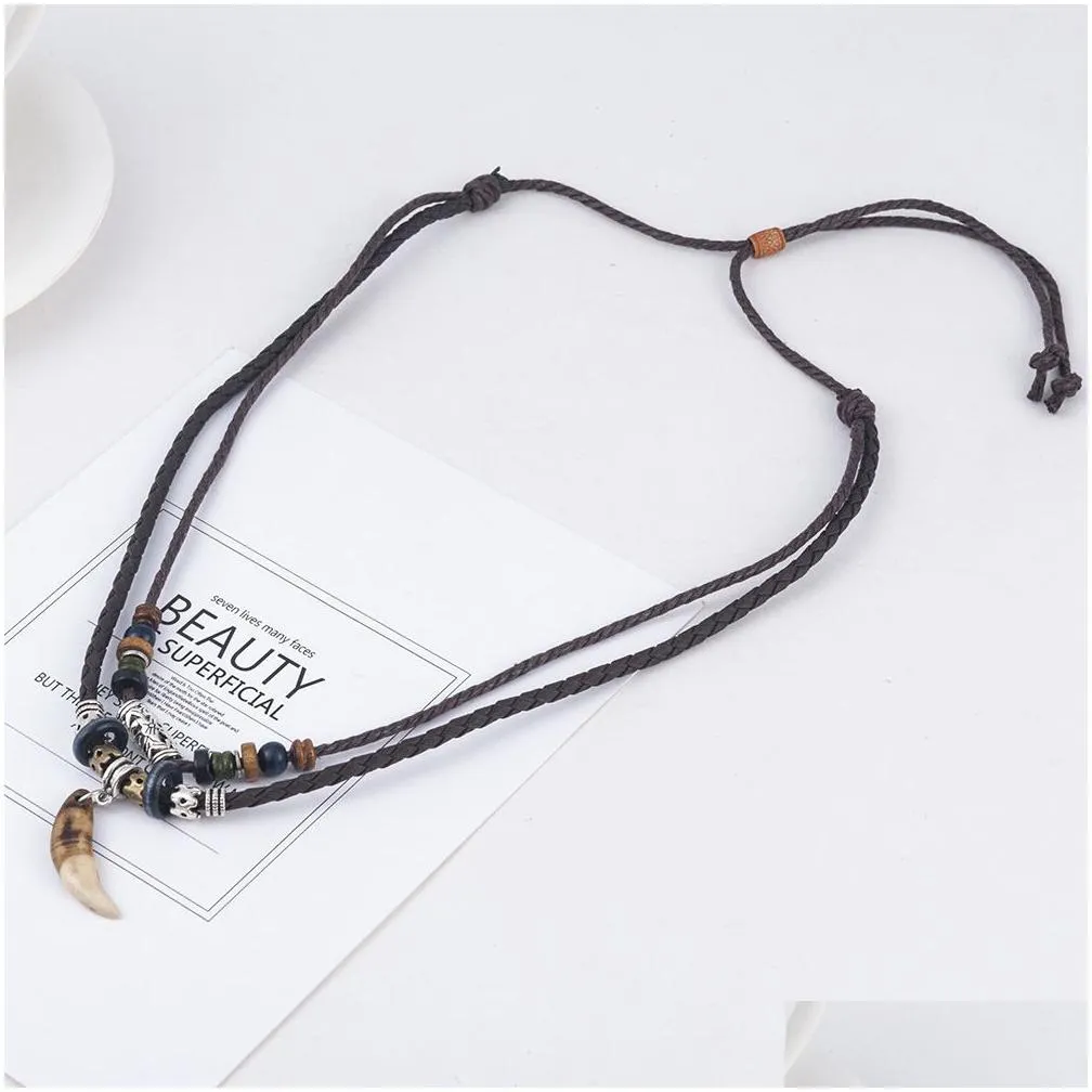 1pc men`s bohemia tooth pendant leather beaded weaved necklaces christmas gift jewelry statement necklace