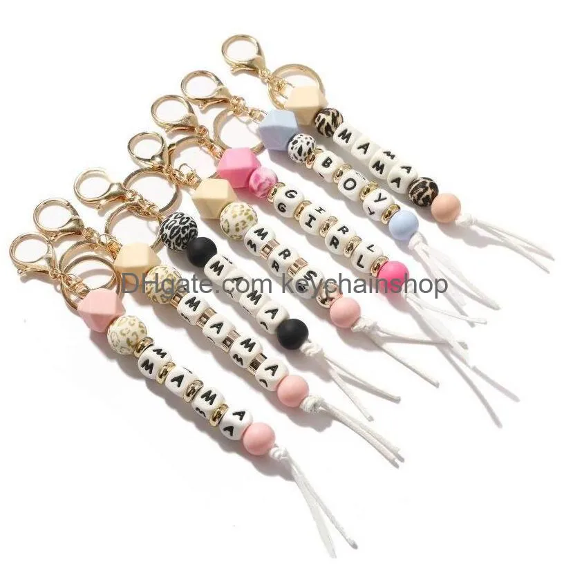 New Sile Beaded Keychain Party Favor Mama Mrs Girl Boy Letter Key Chain Car Pendant Womens Jewelry Bag Accessories Mothers Day Drop De Dhbs6