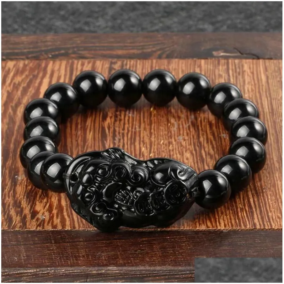 obsidian pixiu beads bracelet chinese feng shui bring wealth good luck guardian unisex stone wristband men women jewelry gift 8mm 10mm 12mm