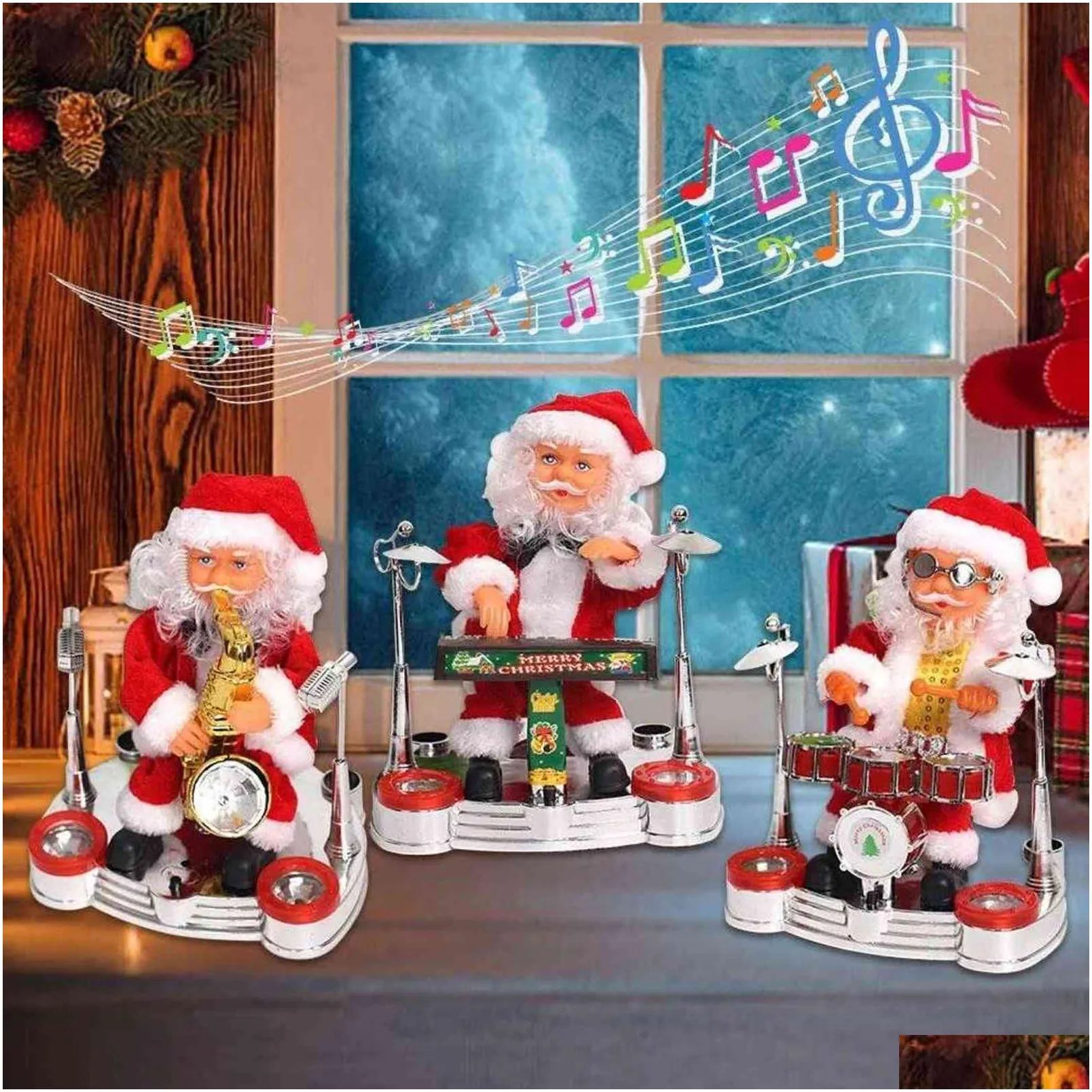 Christmas Decorations Dancing Singing Santa Claus Playing Drum Christmas Doll Musical Moving Figure Battery Operated Decoration Drop D Dhm0U