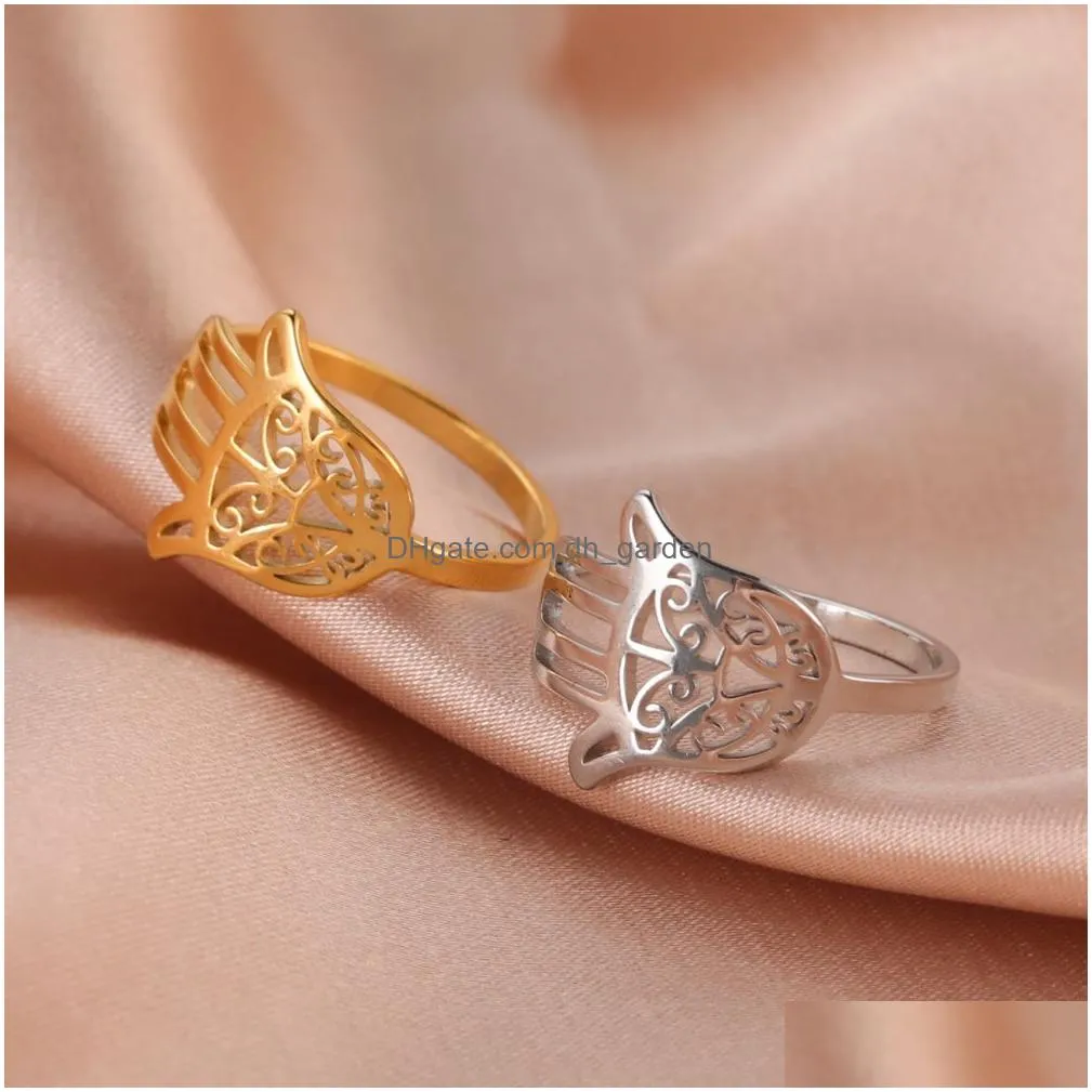 Stainless Steel Hamsa Fatimas Hand Rings For Women Girls Gold Color Ring Amet Talisman Jewelry Gifts Wholesale Drop Delivery Dhgarden Otp3N